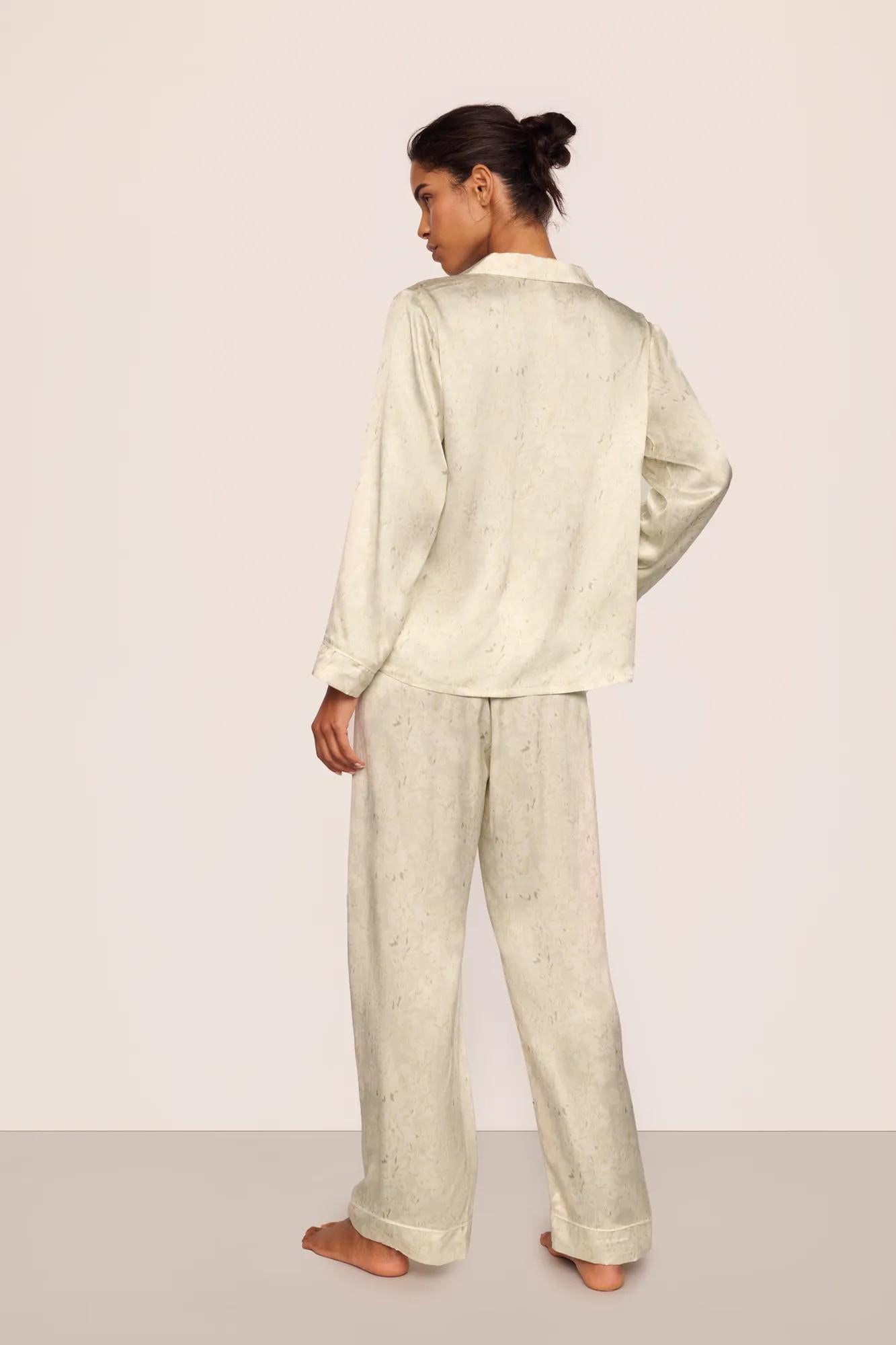 Model is wearing Inez Washable Silk Printed Long PJ Set in Foliage Mint Cream/Ivory