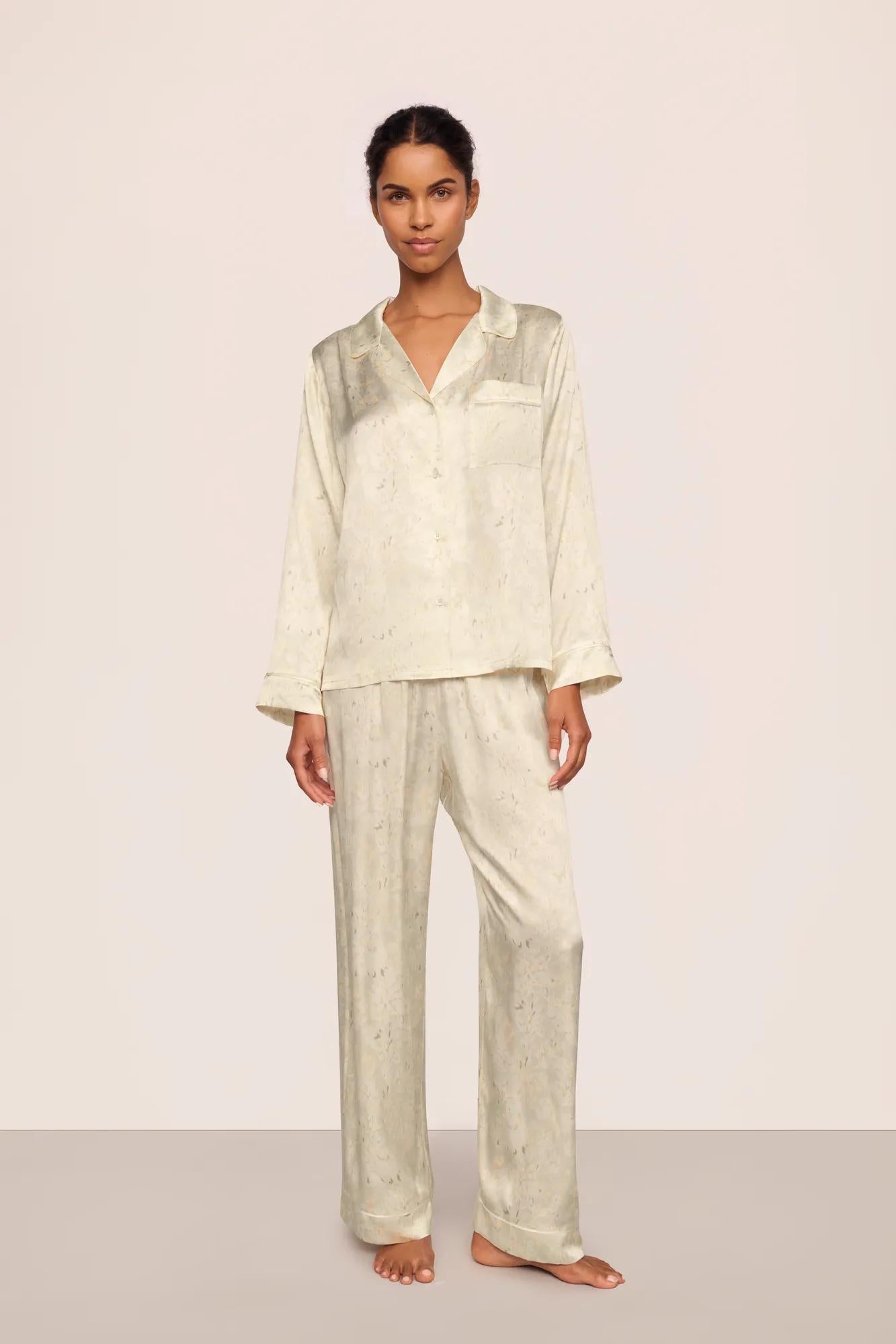 Model is wearing Inez Washable Silk Printed Long PJ Set in Foliage Mint Cream/Ivory