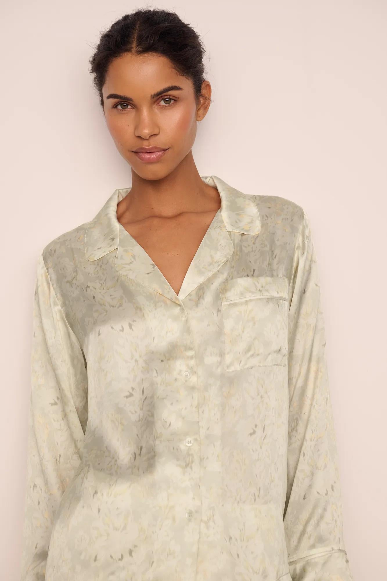Model is wearing Inez Washable Silk Printed Long PJ Set in Foliage Mint Cream/Ivory