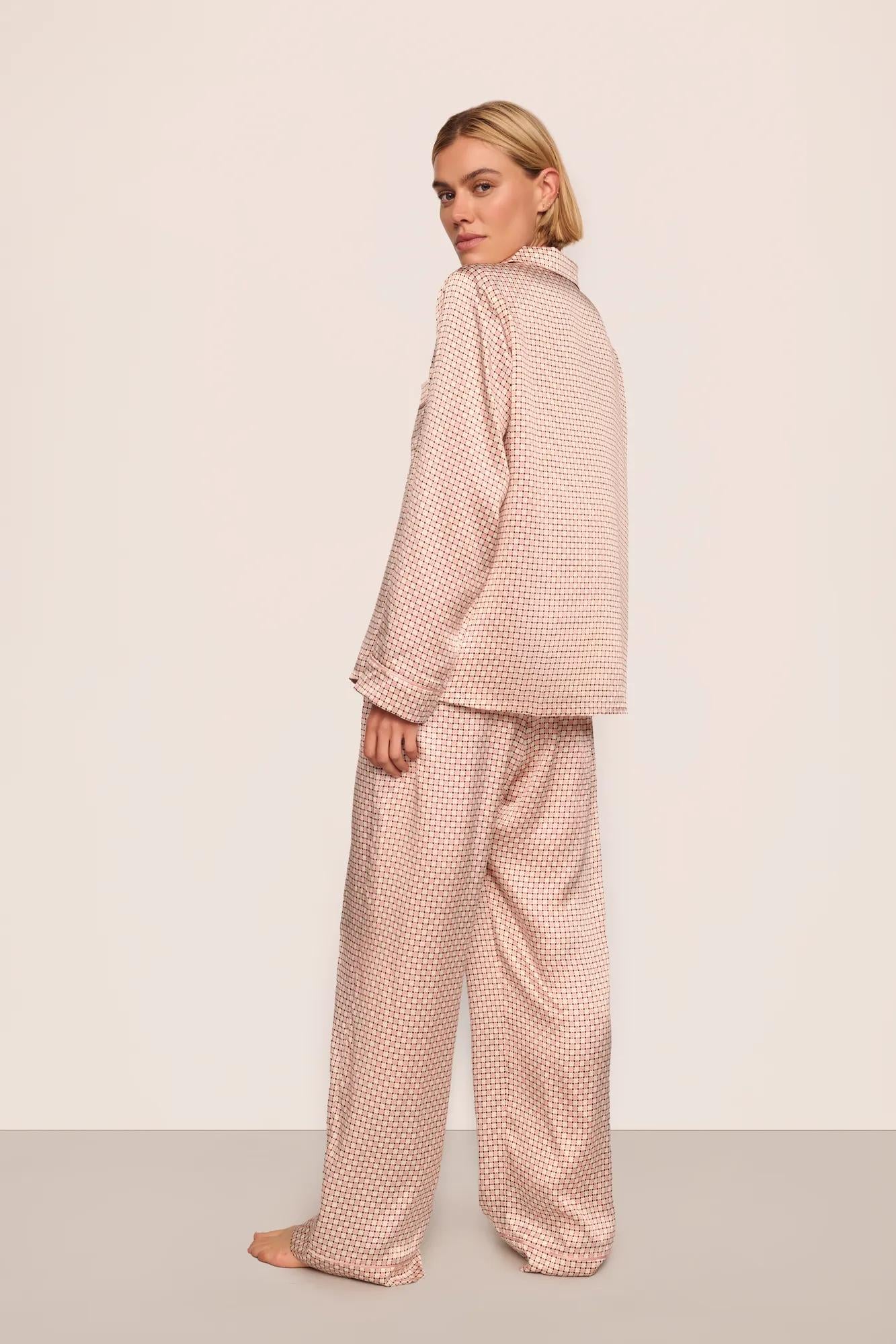 Model is wearing Inez Washable Silk Printed Long PJ Set  in Geosphere Silver Pink/Silverpi
