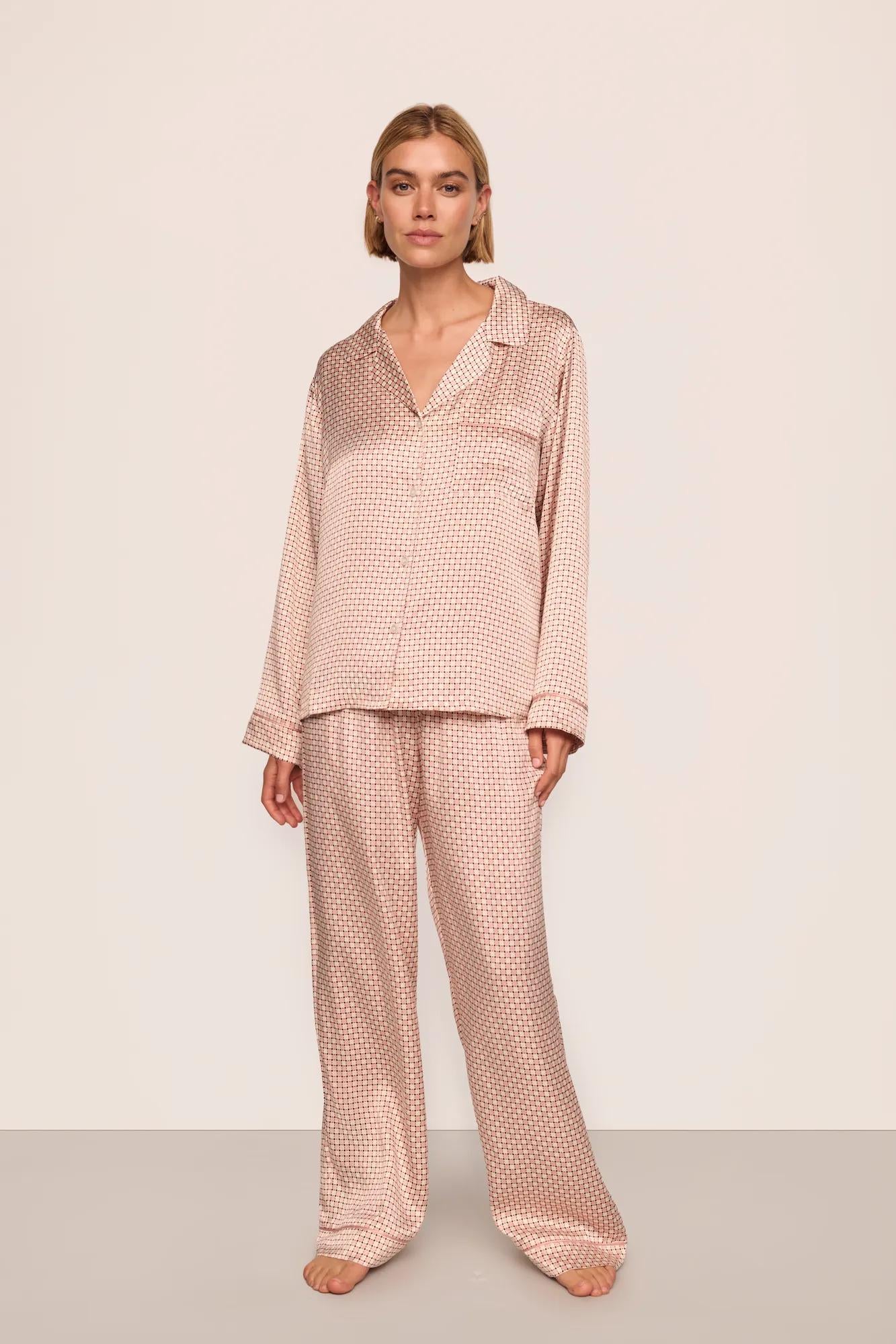 Model is wearing Inez Washable Silk Printed Long PJ Set  in Geosphere Silver Pink/Silverpi
