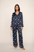 Model is wearing Inez Washable Silk Printed Long PJ Set in Moonlight Navy/Ivory