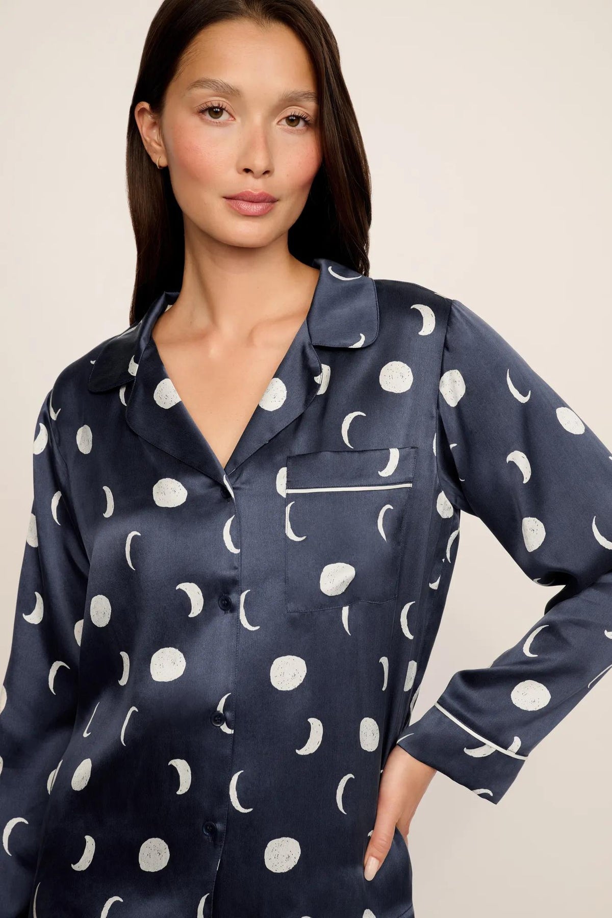 Model is wearing Inez Washable Silk Printed Long PJ Set in Moonlight Navy/Ivory