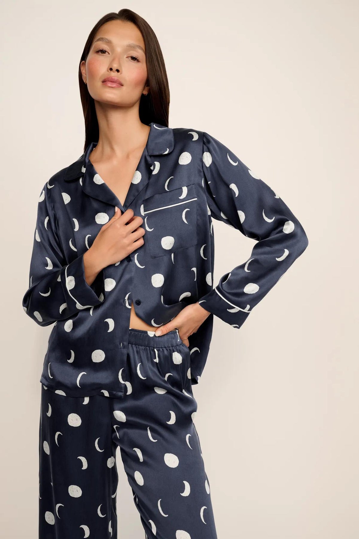 Model is wearing Inez Washable Silk Printed Long PJ Set in Moonlight Navy/Ivory