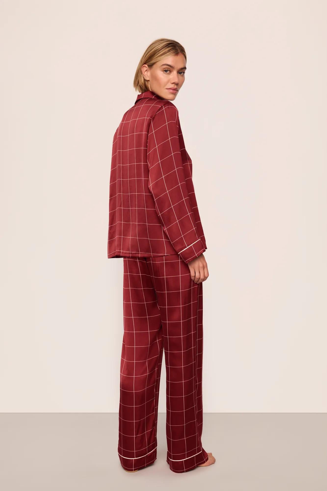 Model is wearing Inez Washable Silk Printed Long PJ Set in Simple Plaid Merlot/Ivory