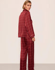 Model is wearing Inez Washable Silk Printed Long PJ Set in Simple Plaid Merlot/Ivory