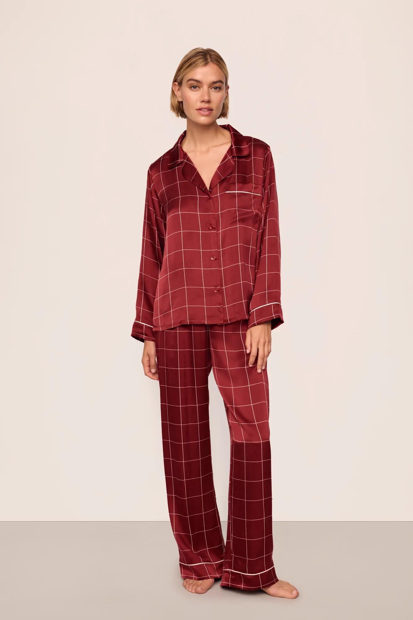 Model is wearing Inez Washable Silk Printed Long PJ Set in Simple Plaid Merlot/Ivory