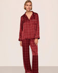 Model is wearing Inez Washable Silk Printed Long PJ Set in Simple Plaid Merlot/Ivory