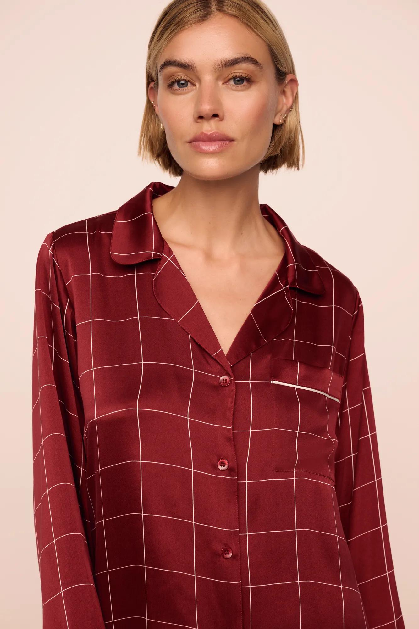 Model is wearing Inez Washable Silk Printed Long PJ Set in Simple Plaid Merlot/Ivory