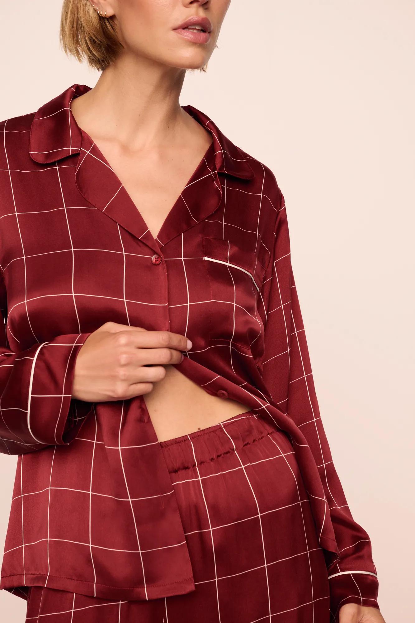 Model is wearing Inez Washable Silk Printed Long PJ Set in Simple Plaid Merlot/Ivory