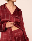 Model is wearing Inez Washable Silk Printed Long PJ Set in Simple Plaid Merlot/Ivory