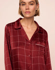 Model is wearing Inez Washable Silk Printed Long PJ Set in Simple Plaid Merlot/Ivory
