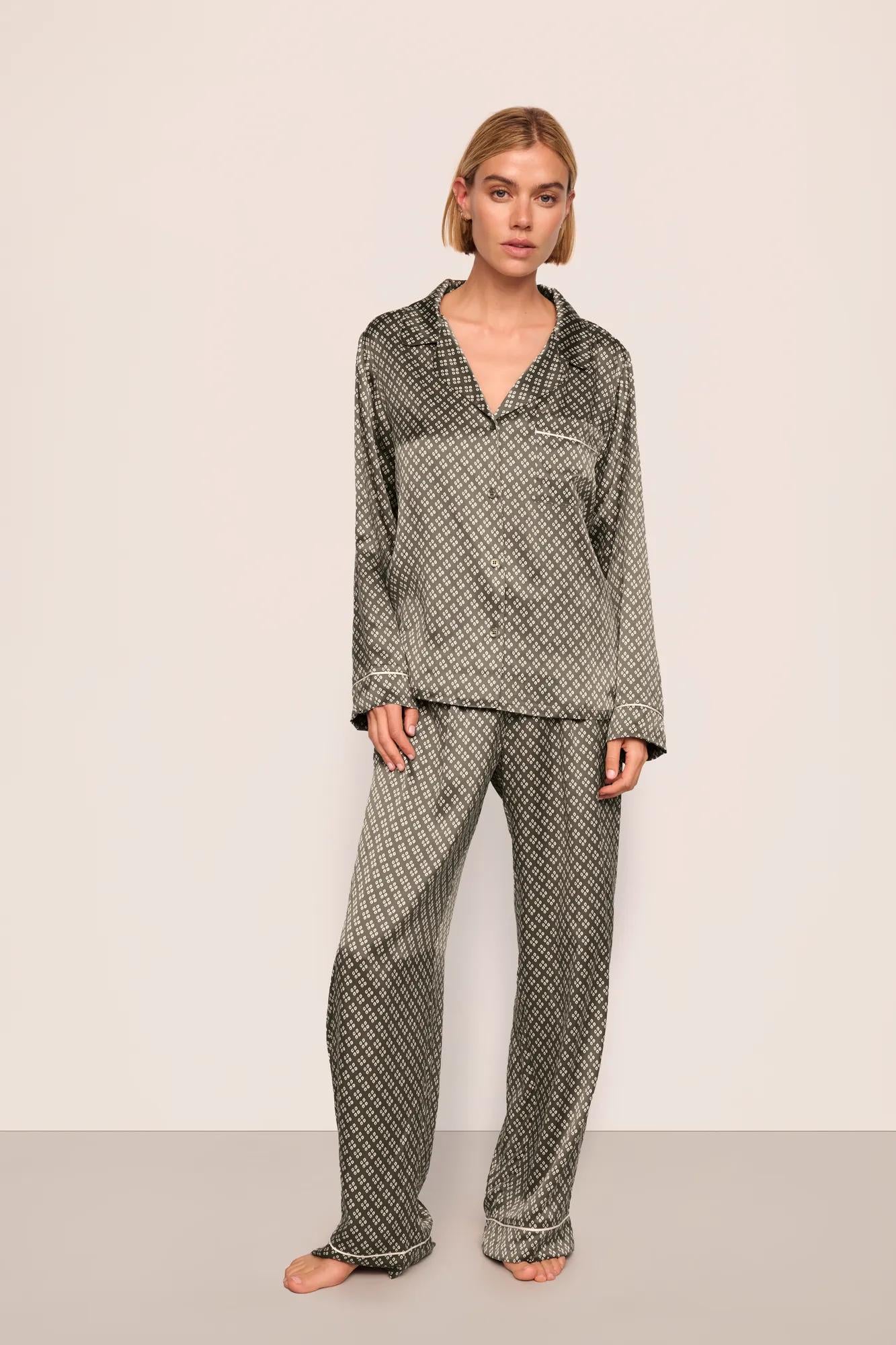 Model is wearing Inez Washable Silk Printed Long PJ Set  in Petite Batik Smokeyolive/Ivory