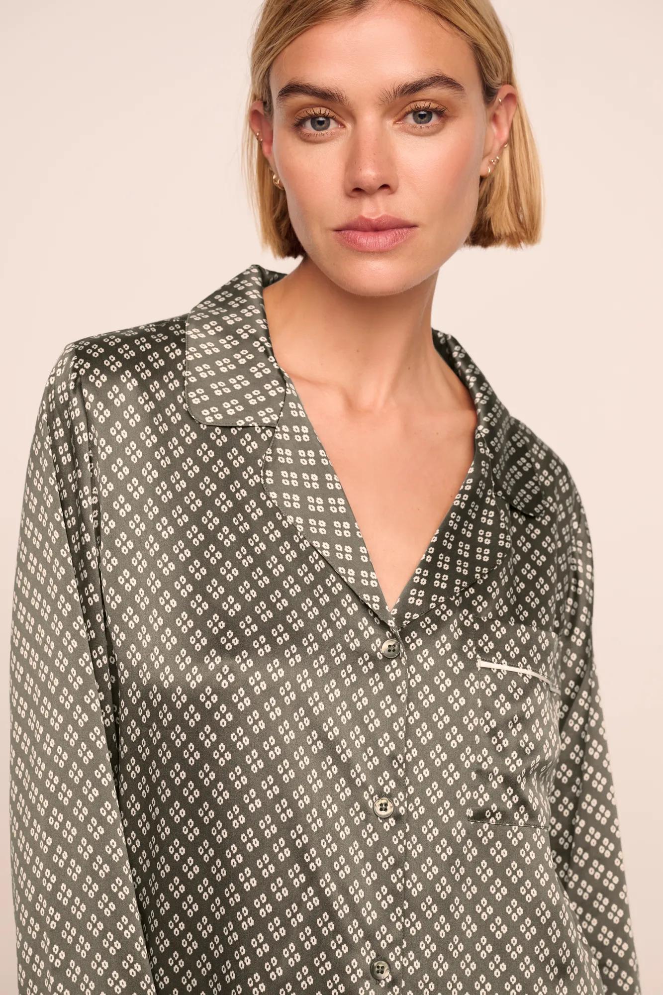 Model is wearing Inez Washable Silk Printed Long PJ Set  in Petite Batik Smokeyolive/Ivory