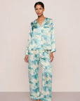 Model is wearing Inez Washable Silk Printed Long PJ Set  in Seafoam Sky Blue Lagoon/Ivory