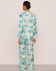 Model is wearing Inez Washable Silk Printed Long PJ Set  in Seafoam Sky Blue Lagoon/Ivory