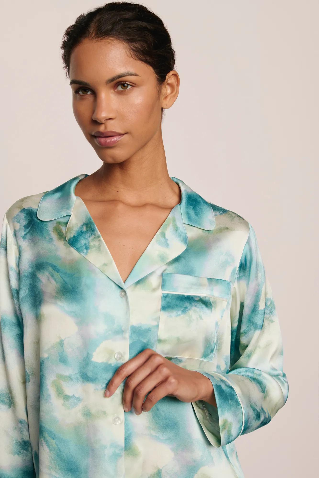 Model is wearing Inez Washable Silk Printed Long PJ Set  in Seafoam Sky Blue Lagoon/Ivory