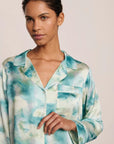 Model is wearing Inez Washable Silk Printed Long PJ Set  in Seafoam Sky Blue Lagoon/Ivory