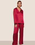 Model is wearing Inez Washable Silk Printed Long PJ Set  in Stained Glass Holly Red/Bordea