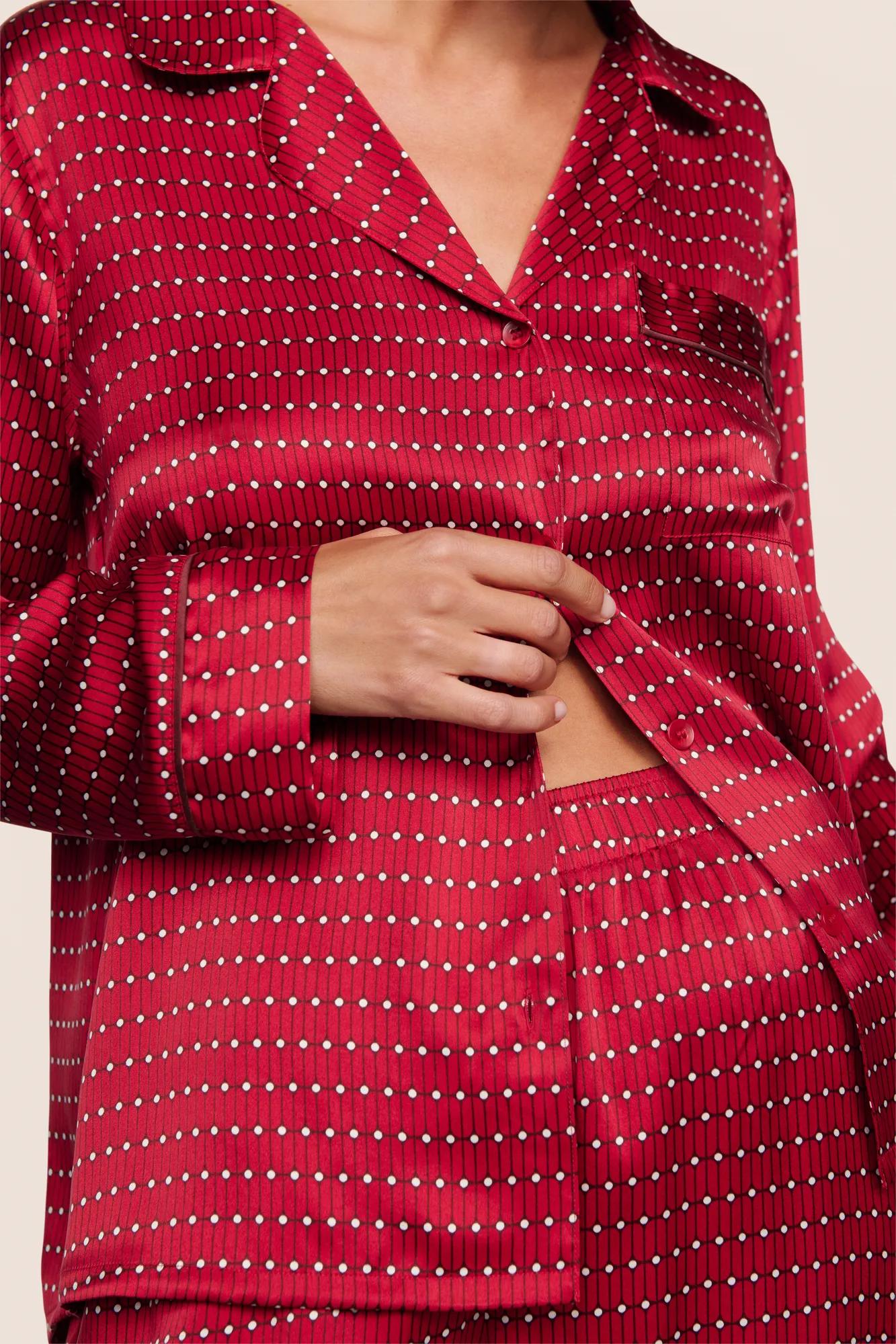 Model is wearing Inez Washable Silk Printed Long PJ Set  in Stained Glass Holly Red/Bordea