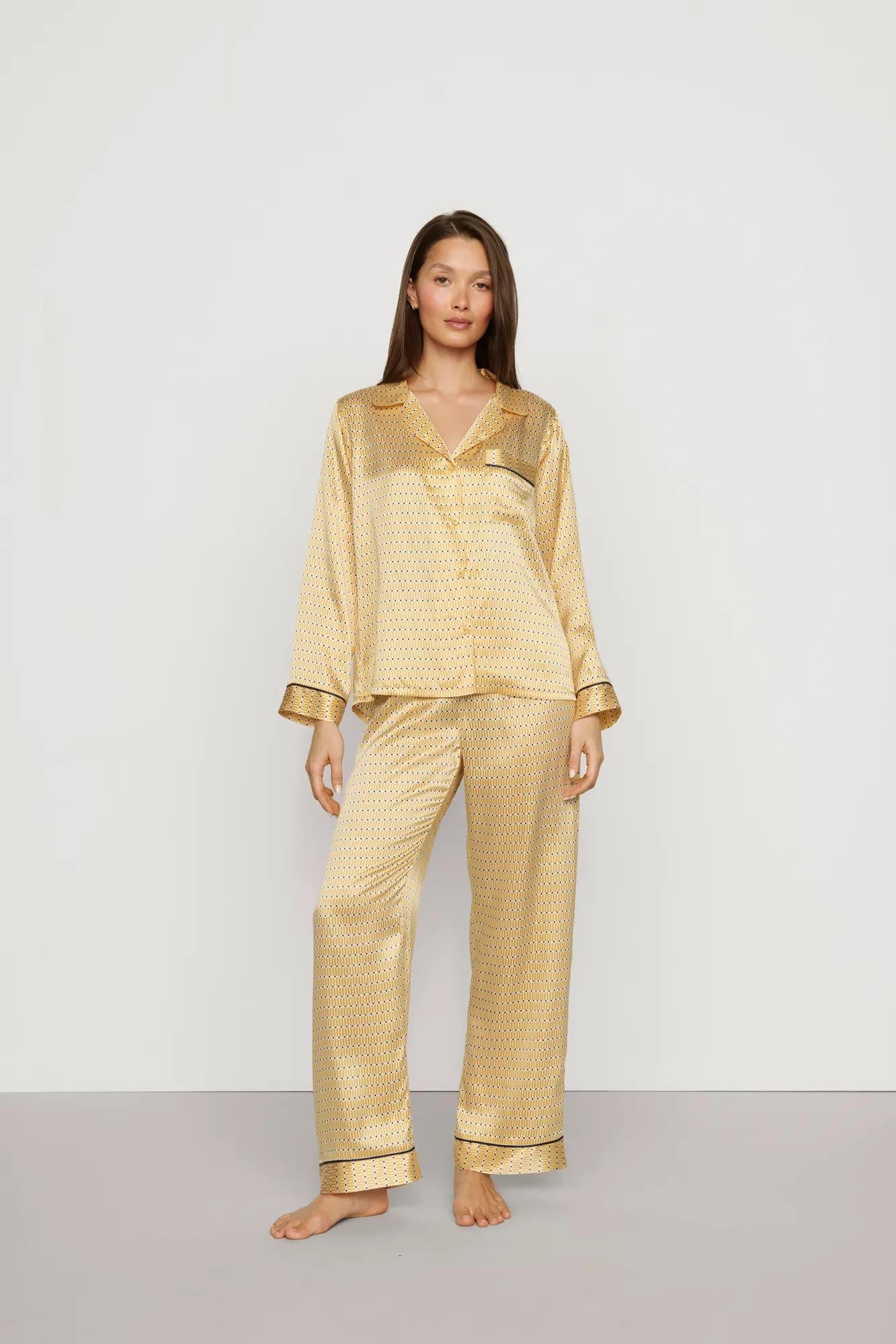 Model is wearing Inez Washable Silk Printed Long PJ Set in Stained Glass Sunbeam/Navy