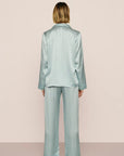 Model is wearing Inez Washable Silk Printed Long PJ Set  in Seashell Blue Lagoon/Blue Lago