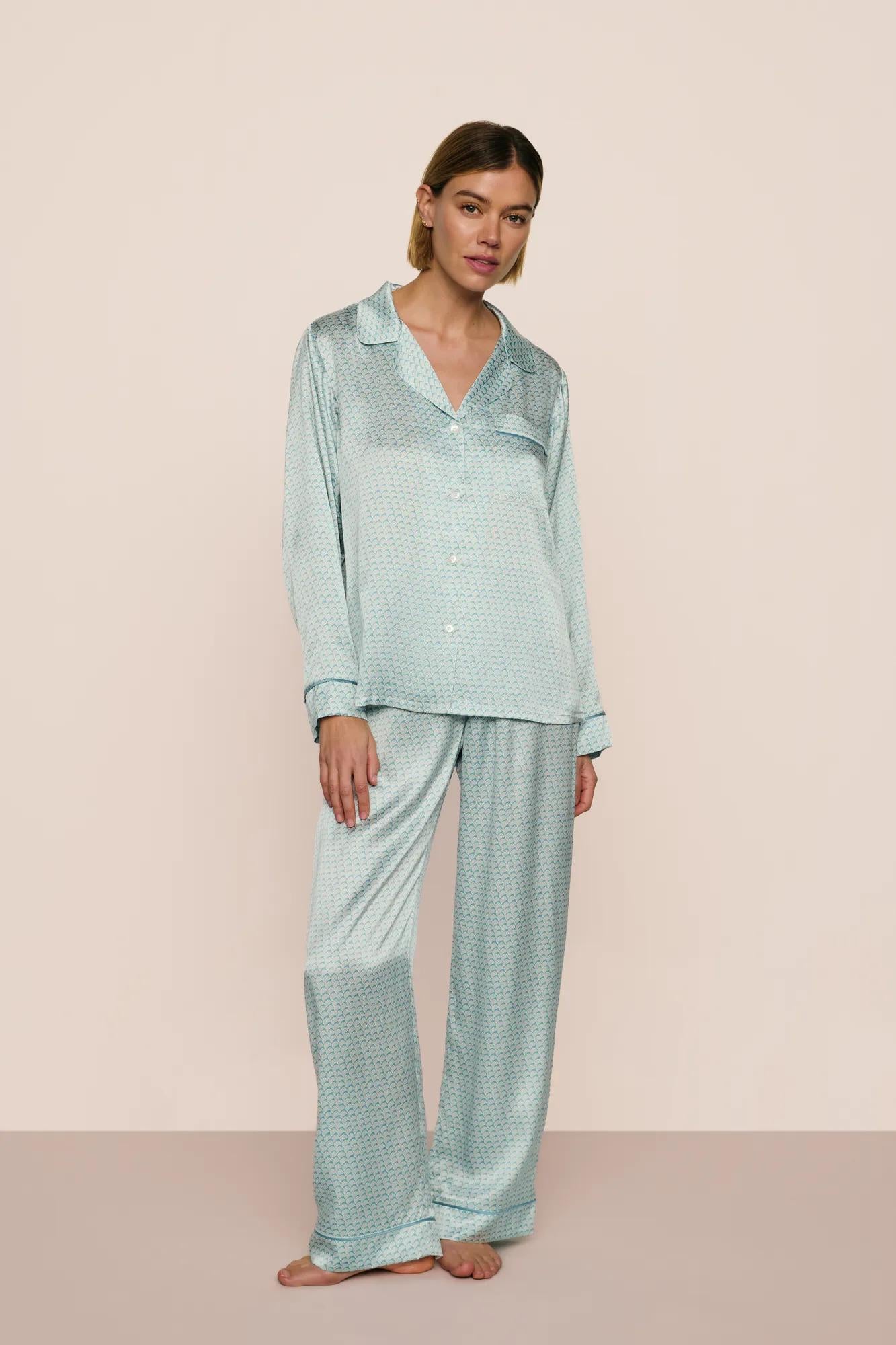 Model is wearing Inez Washable Silk Printed Long PJ Set  in Seashell Blue Lagoon/Blue Lago