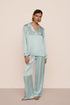 Model is wearing Inez Washable Silk Printed Long PJ Set  in Seashell Blue Lagoon/Blue Lago