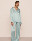 Model is wearing Inez Washable Silk Printed Long PJ Set  in Seashell Blue Lagoon/Blue Lago