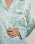 Model is wearing Inez Washable Silk Printed Long PJ Set  in Seashell Blue Lagoon/Blue Lago