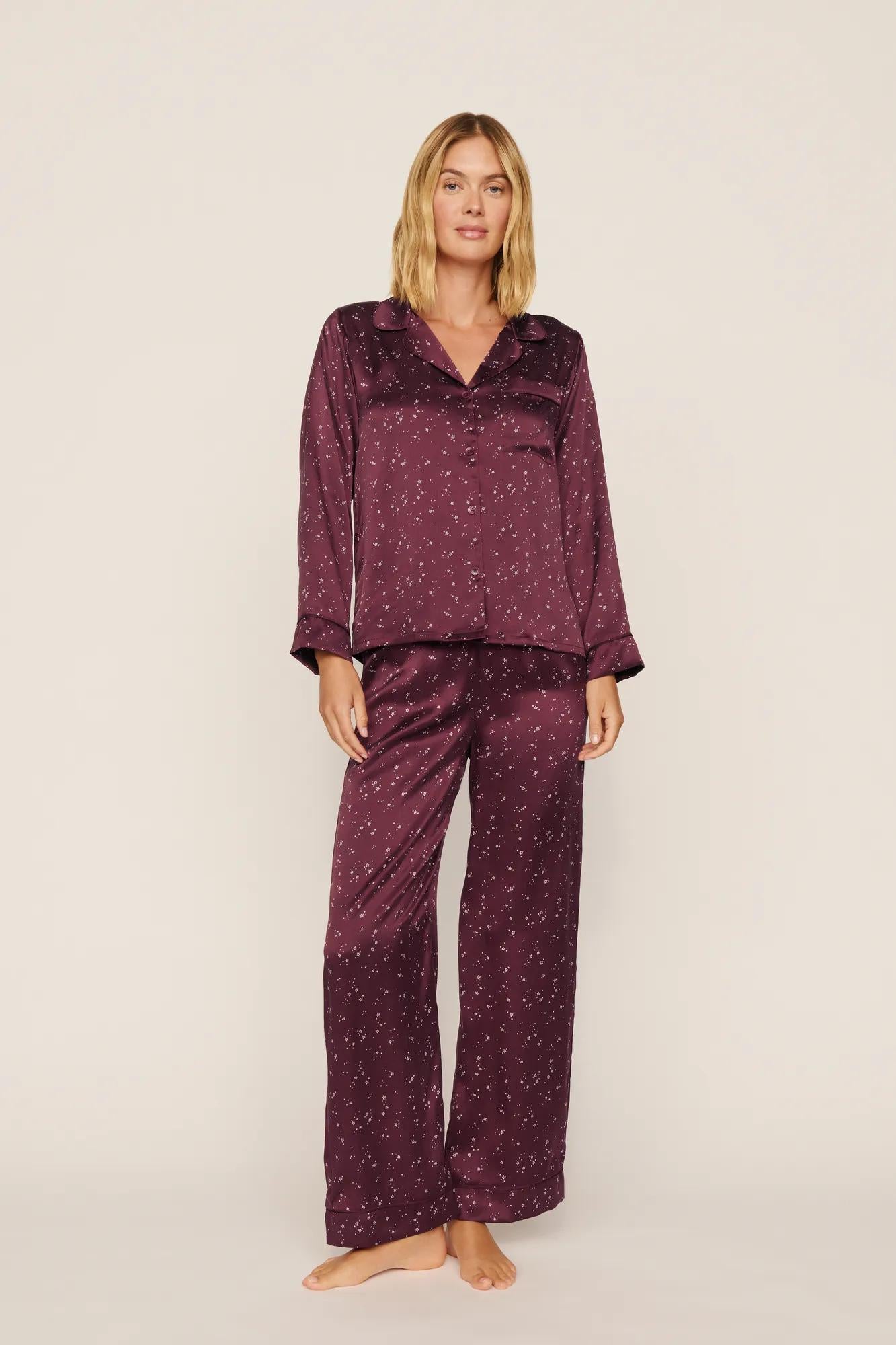 Model is wearing Inez Washable Silk Printed Long PJ Set in Starlight Wildberry/Wildberry