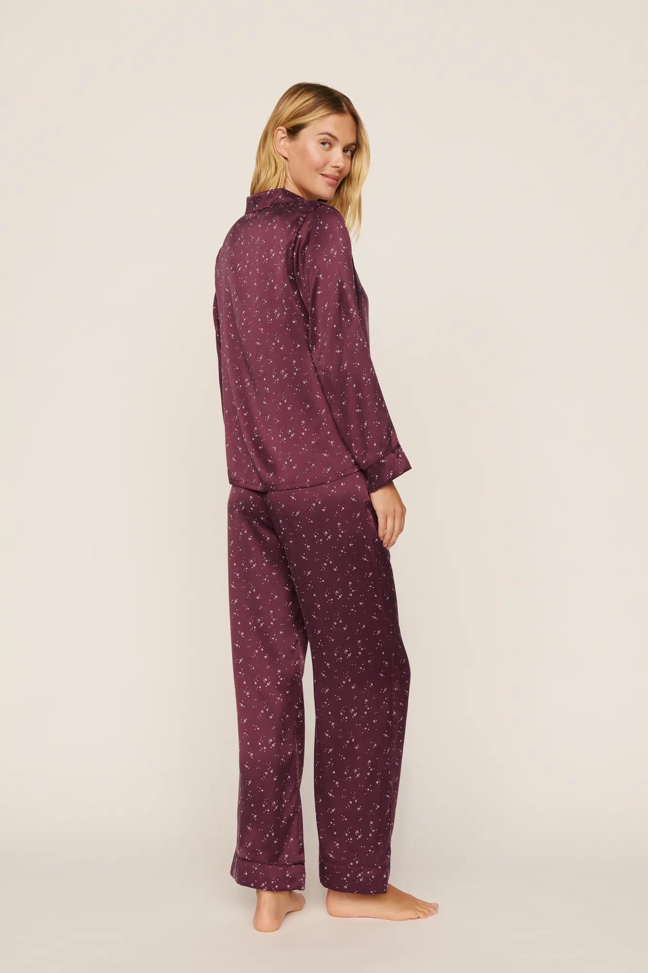 Model is wearing Inez Washable Silk Printed Long PJ Set in Starlight Wildberry/Wildberry