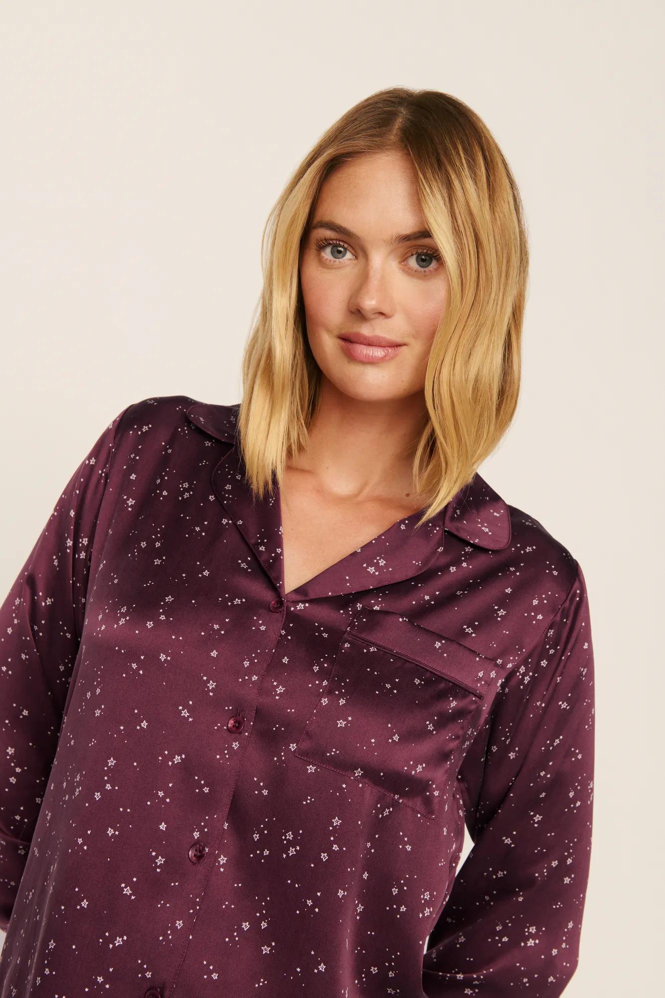 Model is wearing Inez Washable Silk Printed Long PJ Set in Starlight Wildberry/Wildberry