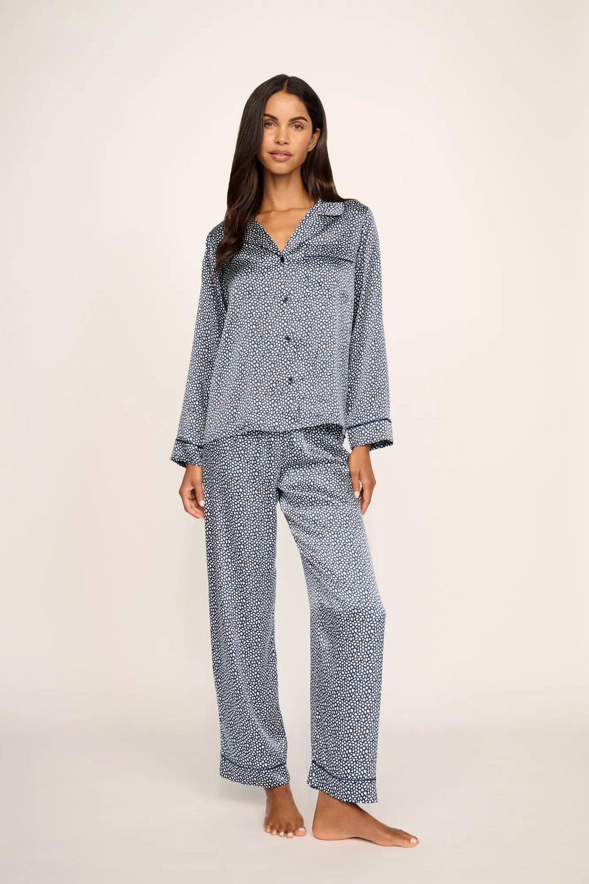 Model is wearing Inez Washable Silk Printed Long PJ Set in Starry Night Navy/Navy