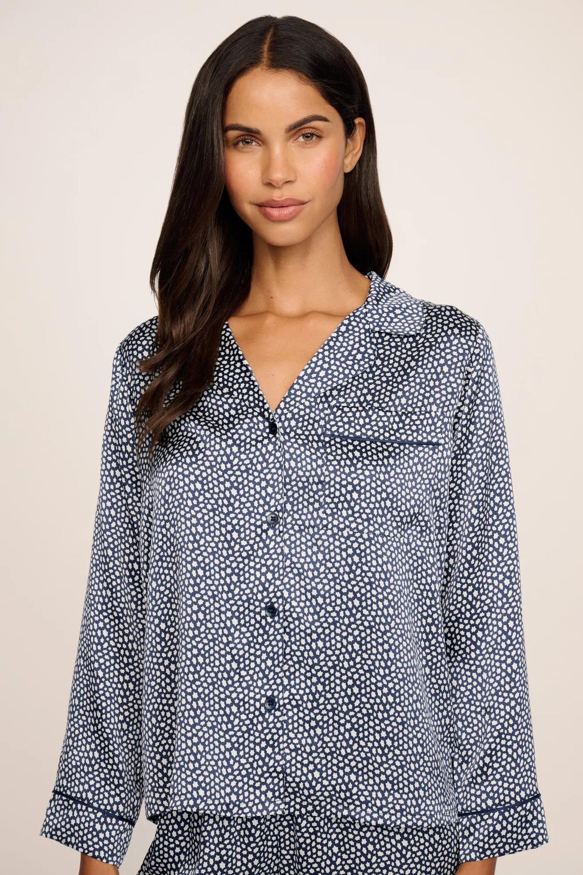 Model is wearing Inez Washable Silk Printed Long PJ Set in Starry Night Navy/Navy