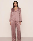 Model is wearing Inez Washable Silk Printed Long PJ Set in Tide Dot Fig/Ivory