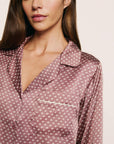 Model is wearing Inez Washable Silk Printed Long PJ Set in Tide Dot Fig/Ivory