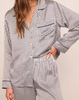 Model is wearing Inez Washable Silk Printed Long PJ Set in  Tile Square Gray Dawn/Navy
