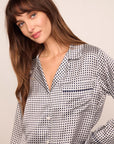 Model is wearing Inez Washable Silk Printed Long PJ Set in  Tile Square Gray Dawn/Navy