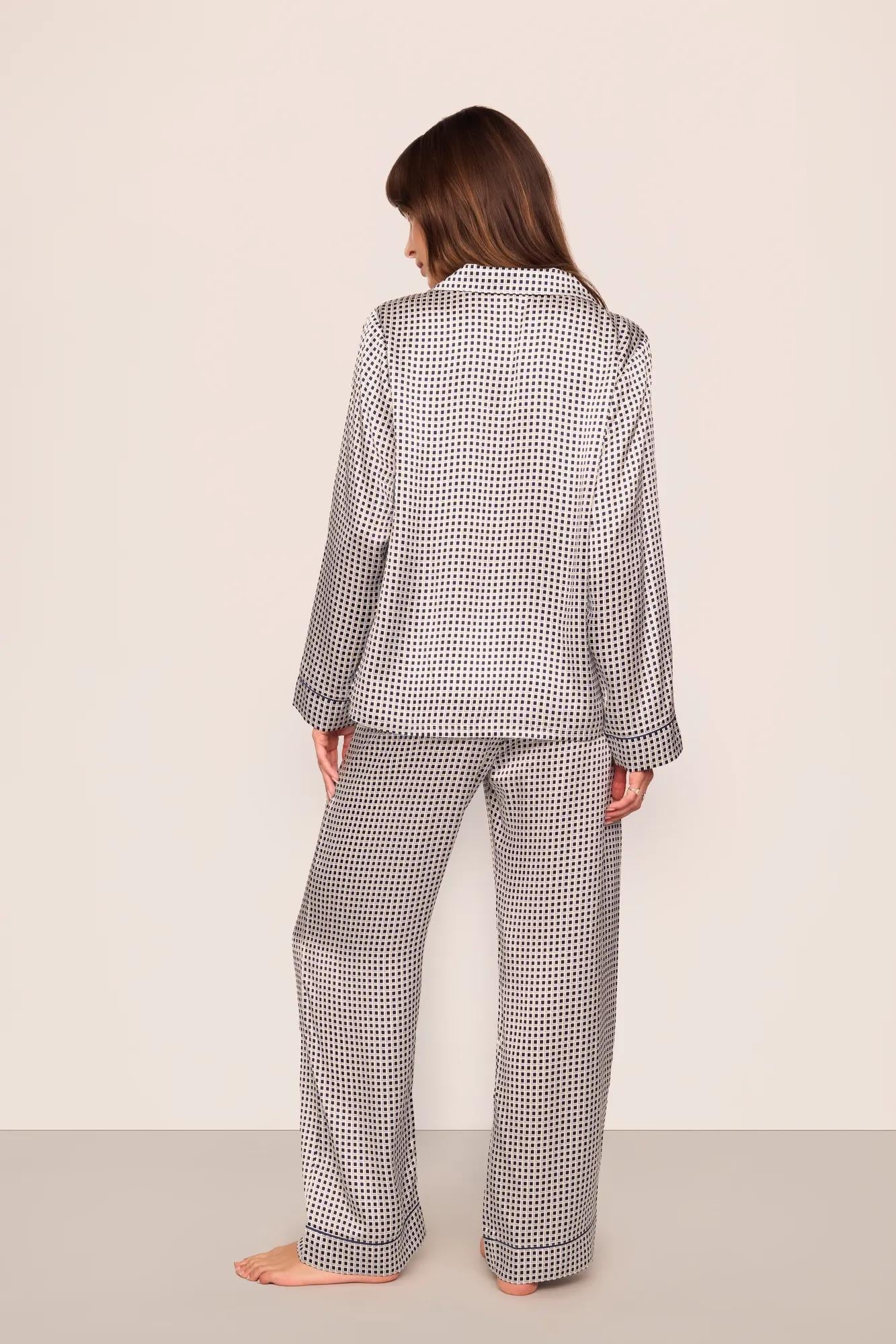 Model is wearing Inez Washable Silk Printed Long PJ Set  in  Tile Square Gray Dawn/Navy