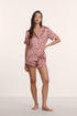 Model is wearing Inez Washable Silk Printed Short PJ Set in Brushstroke Misty Rose/Misty Rose