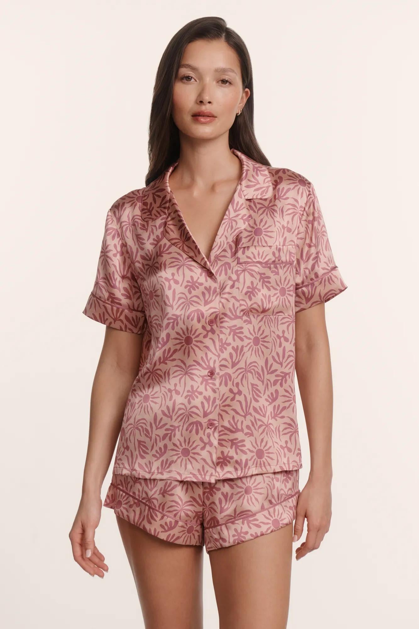 Model is wearing Inez Washable Silk Printed Short PJ Set in Brushstroke Misty Rose/Misty Rose