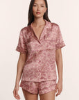 Model is wearing Inez Washable Silk Printed Short PJ Set in Brushstroke Misty Rose/Misty Rose