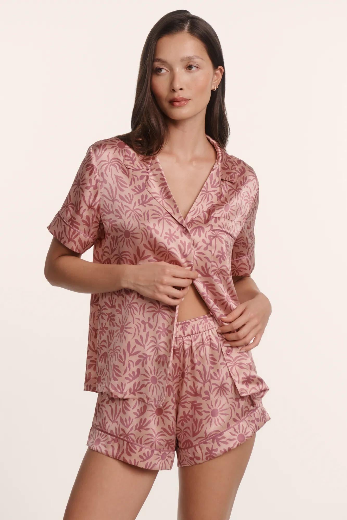 Model is wearing Inez Washable Silk Printed Short PJ Set in Brushstroke Misty Rose/Misty Rose
