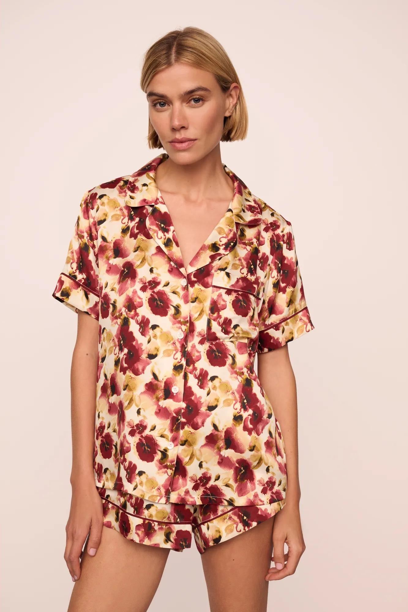 Model is wearing Inez Washable Silk Printed Short PJ Set in Botanical Flower Merlot/Merlot