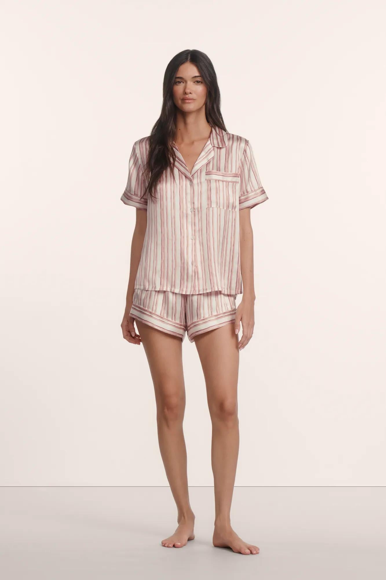 Model is wearing Inez Washable Silk Printed Short PJ Set in Brushstroke Misty Rose/Misty Rose