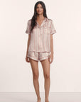 Model is wearing Inez Washable Silk Printed Short PJ Set in Brushstroke Misty Rose/Misty Rose