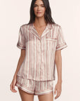 Model is wearing Inez Washable Silk Printed Short PJ Set in Brushstroke Misty Rose/Misty Rose