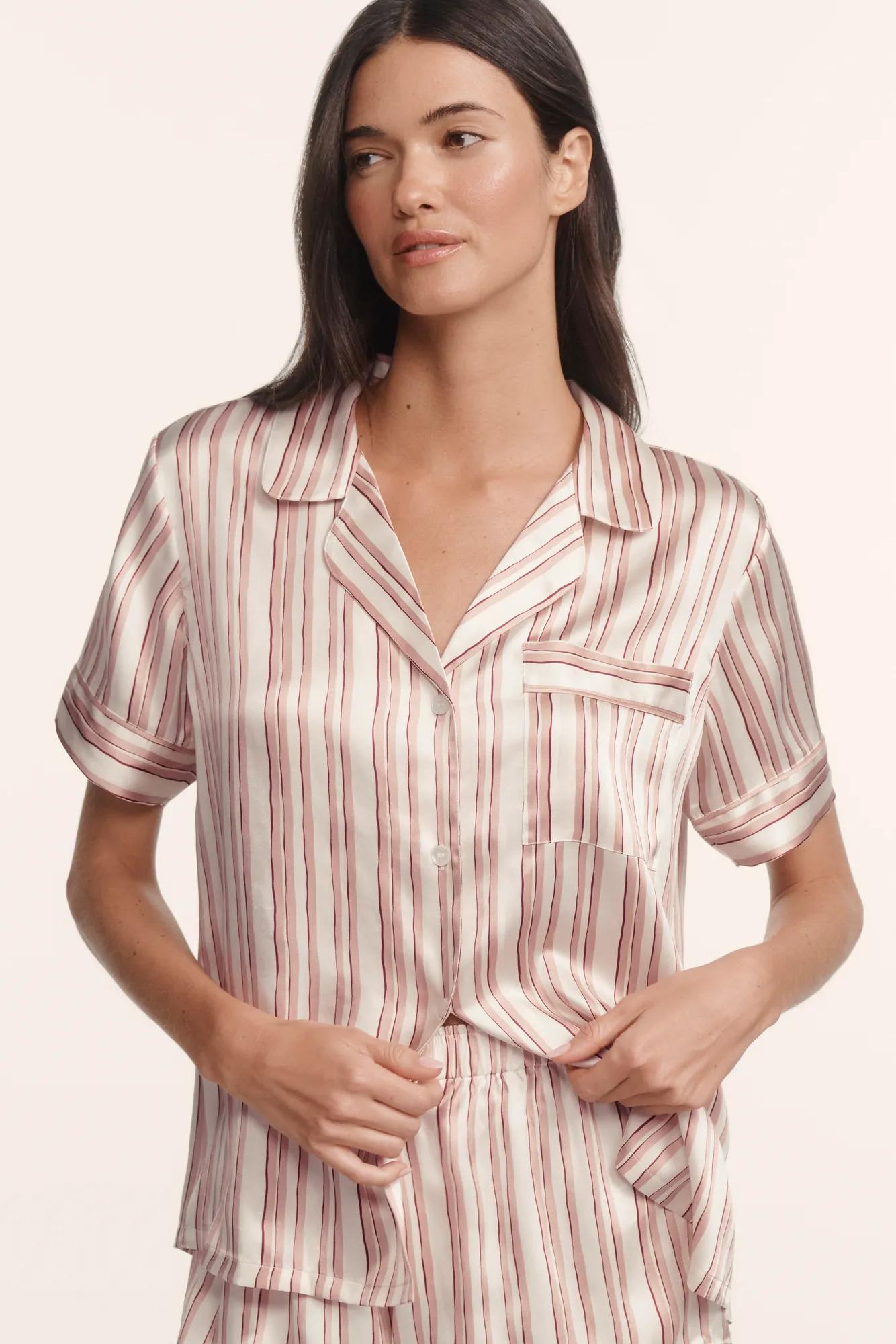 Model is wearing Inez Washable Silk Printed Short PJ Set in Brushstroke Misty Rose/Misty Rose