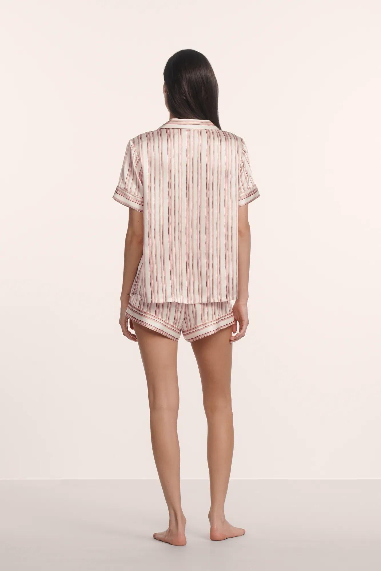 Model is wearing Inez Washable Silk Printed Short PJ Set in Brushstroke Misty Rose/Misty Rose